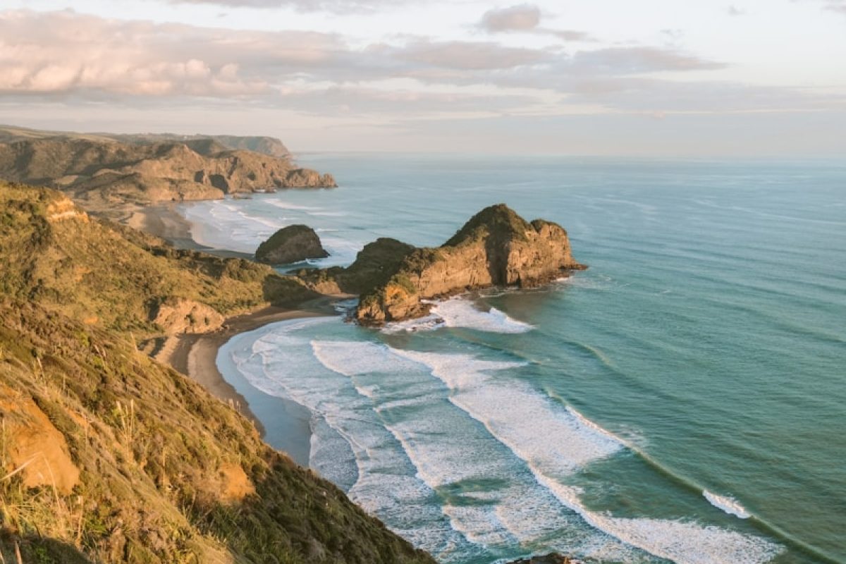 aerial view of brown and green mountain beside body of water during daytime
